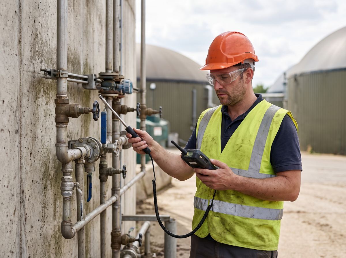 Techniker führt eine Dichtheitsprüfung an einer Biogasanlage durch