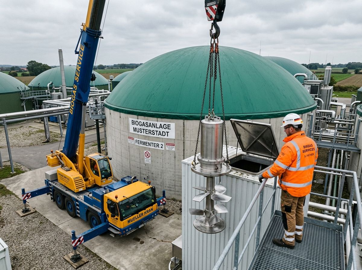 Kran hebt ein Rührwerk an einem Biogas-Fermenter
