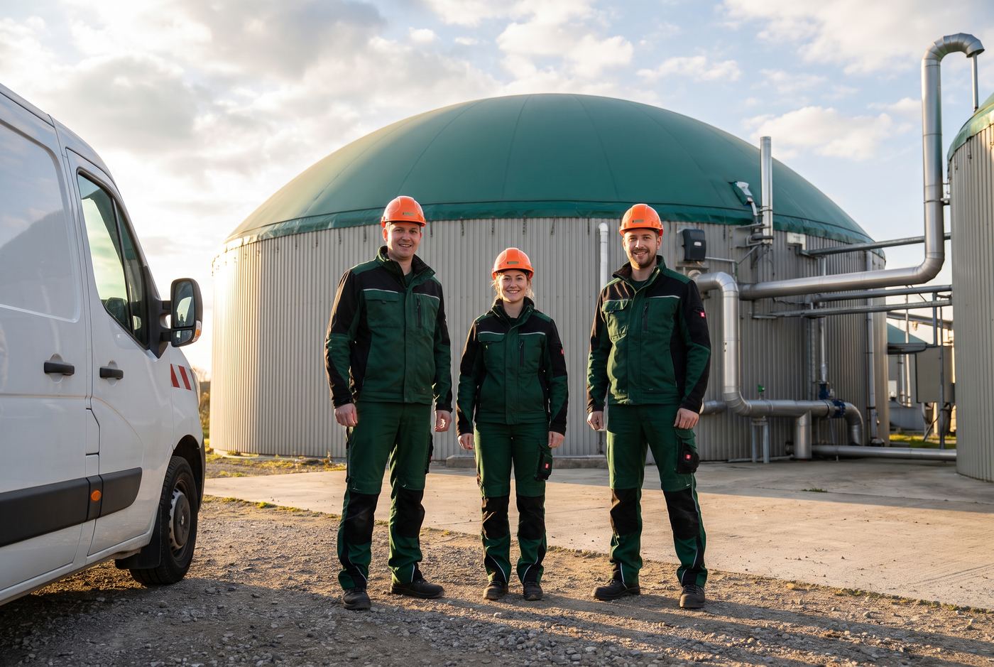 Servicetechniker der EPB Lucchetto GmbH vor einer Biogasanlage